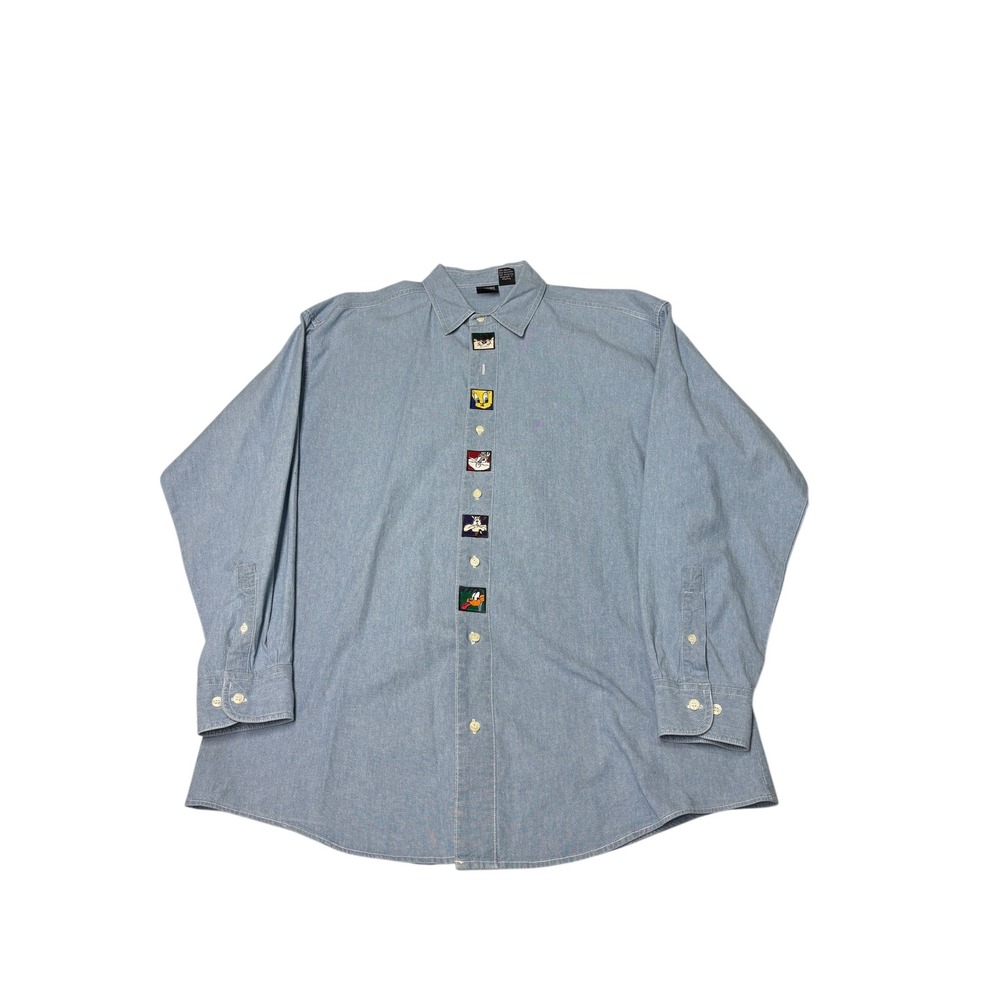 Vintage 90s Warner Bros Studio Store Looney Tunes Denim‎ Shirt Mens Large Blue L